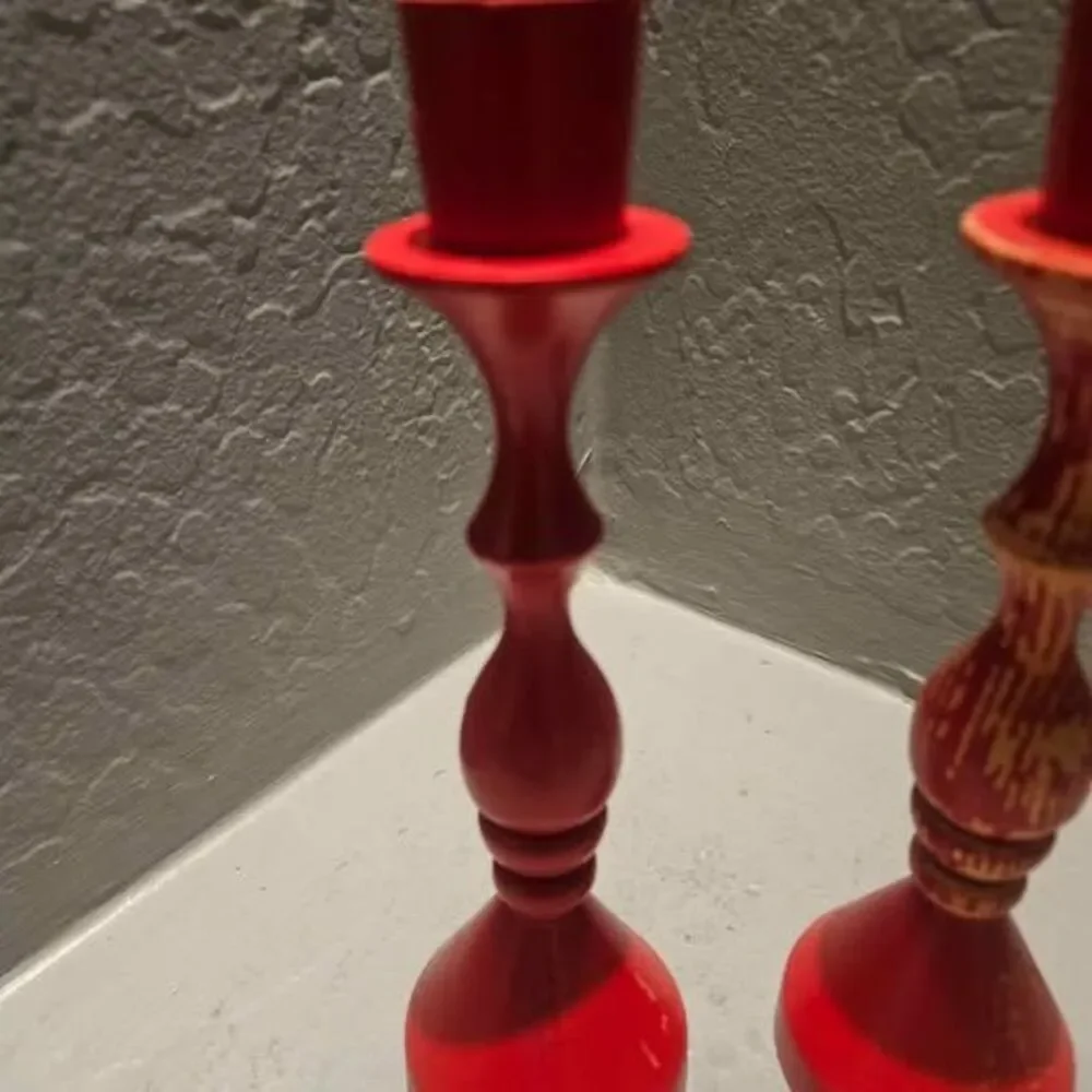 Pair of Red Rustic Wooden Candlestick Holders Made in Germany